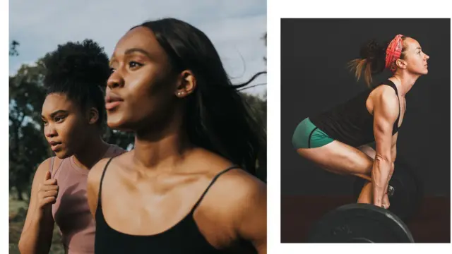 两张相片，左图有两名女子并肩跑步，右图有一名女子在举重