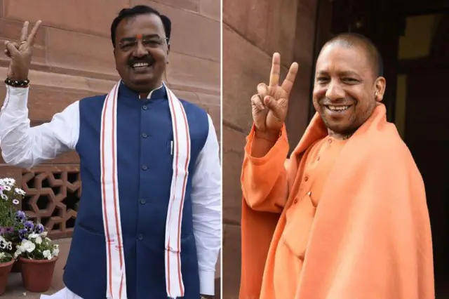 केशव प्रसाद मौर्य और योगी आदित्यनाथ (दाएं)