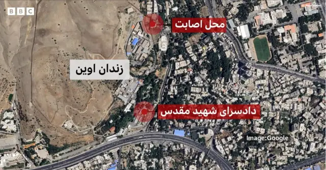دو نقطهای که در زندان اوین و نزدیکی آن مورد حمله اسرائیل قرار گرفته است
