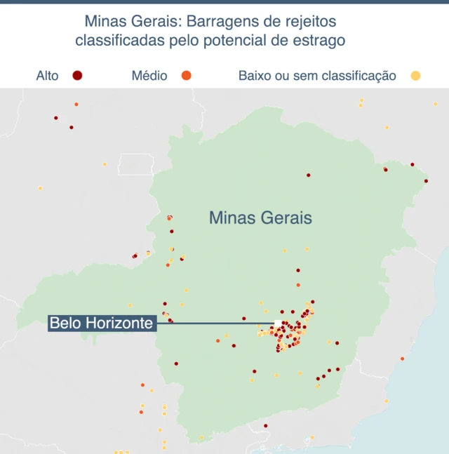 Localização de classificação das barragens em Minas Gerais