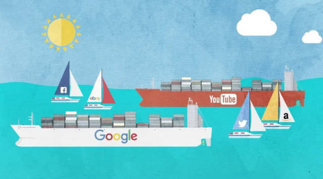 صورة تظهر سفينة تطفو فوق بحر وكتب عليها اسم موقعي غوغل ويوتيوب