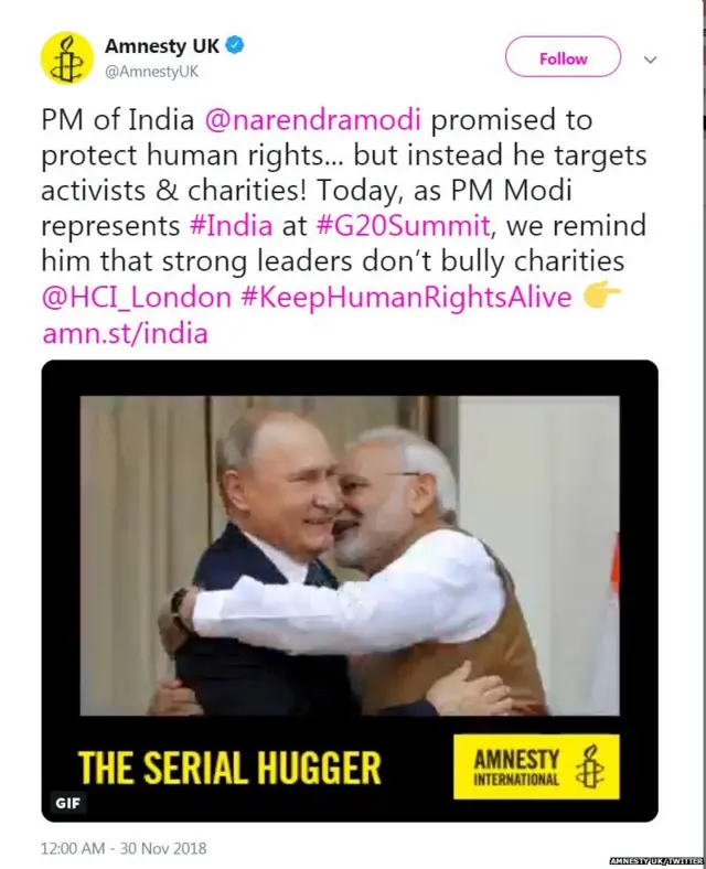 ਐਮਨੈਸਟੀ ਇੰਟਰਨੈਸ਼ਨਲ ਦਾ ਟਵੀਟ