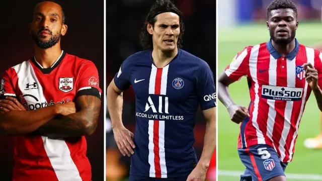 Split pic of Theo Walcott, Edinson Cavani and Thomas Partey