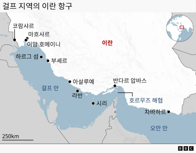 걸프만과 오만만의 이란 항구를 표시한 지도
