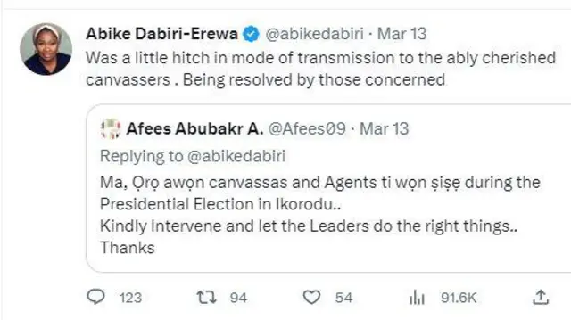 Ikede ti Abike Dabiri Erewa se ni Twitter