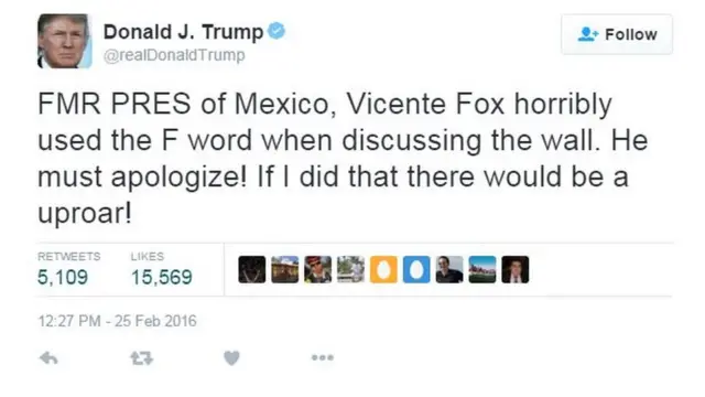 トランプ氏はフォックス元大統領が下品な言葉を使ったと非難。「謝罪すべきだ。私がそんな言葉を使ったら大騒ぎになるだろう」と