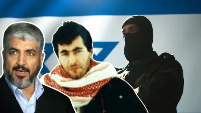 Hamas leaders Khaled Meshal (L) and Yahya Ayyash (C)  and a masked Israeli security operative 