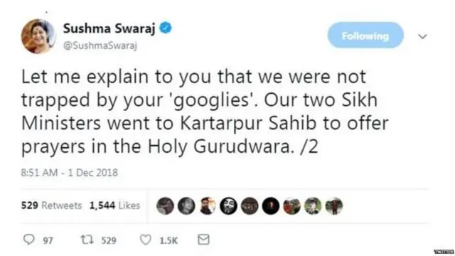 ਭਾਰਤ ਦੀ ਵਿਦੇਸ਼ ਮੰਤਰੀ ਸੁਸ਼ਮਾ ਸਵਾਰਾਜ ਦਾ ਟਵੀਟ