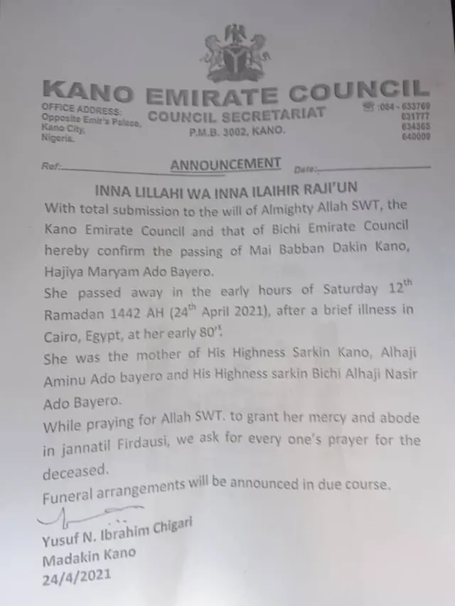 "Emir of Kano mother": [Hajiya Maryam Ado Bayero] death and burial