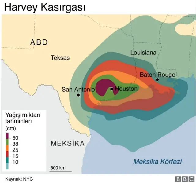 Harvey karısgası yağış miktarı harita