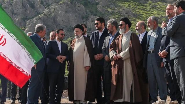 President Ebrahim Raisi (3rd L) was in north-western Iran for the inauguration of a dam, along with Foreign Minister Hossein Amir-Abdollahian (2nd R), East Azerbaijan Governor Malek Rahmati (2nd L) and Ayatollah Mohammad Ali Al-e Hashem (5th R)