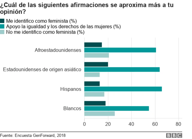 Gráfico de barras con las respuestas por grupo étnico a las preguntas de si eres feminista o no y si apoyas a los derechos de las mujeres