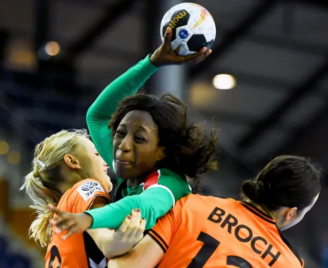 Cameroonian handball player Vanessa Djiepmou Medibe competing in Leipzig, Germany - Tuesday 5 December 2017