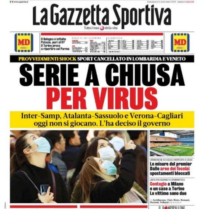 Capa de jornal La Gazzetta Sportiva anuncia que jogos foram adiados por causa do vírus