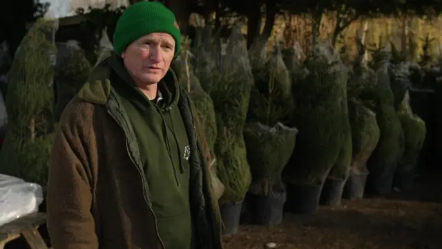 Se ve a Jonathan Mearns, vestido con un gorro verde y una sudadera con capucha verde, de pie al aire libre junto a filas de árboles de Navidad en macetas envueltos en una red, con árboles y follaje visibles en el fondo.
