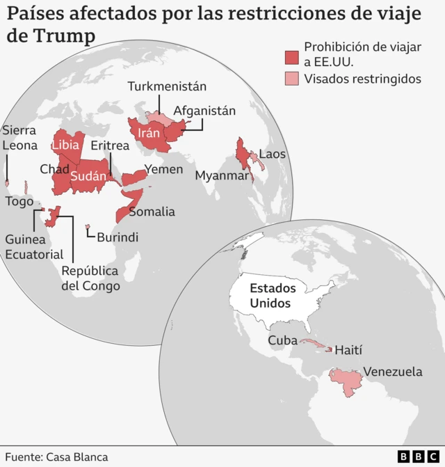 Mapa de países afectados por las restricciones de Trump