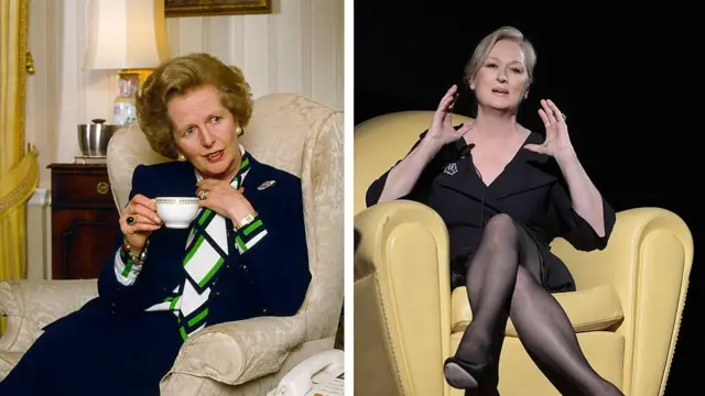 Слева фотография Маргарет Тэтчер в кресле с чашкой чая в руке, на заднем плане видна лампа и интерьер комнаты. Справа фотография Мэртл Стрип в желтом кожанном кресле. Она жестикулирует руками.