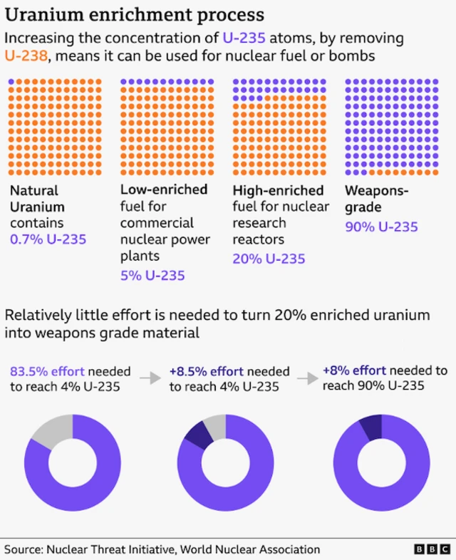 Graphic shows how different concentrations of U-235 in uranium affect its potential use.