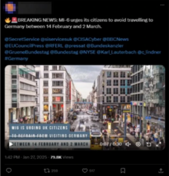 Vídeo manipulado alegava falsamente que o MI6, a agência de inteligência britânica, havia alertado contra viagens à Alemanha durante o período eleitora