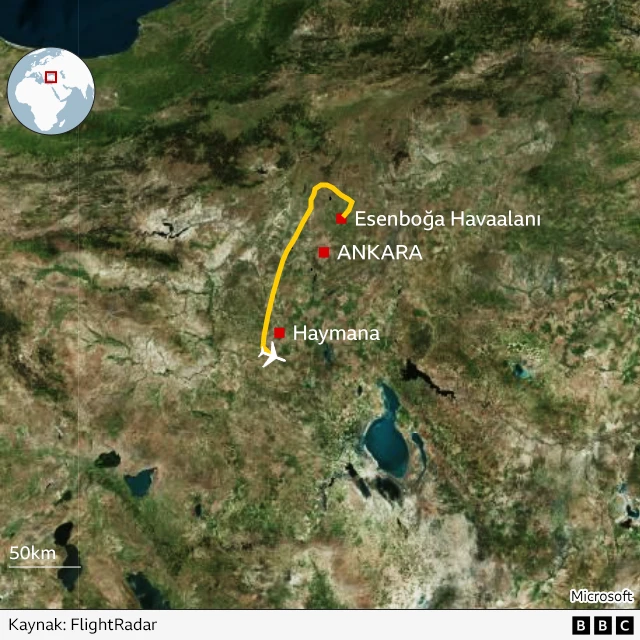 Haymana'da düşen uçağın rotasını gösteren harita