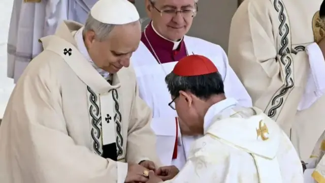 Pope Leo receive im unique ring shortly bifor e begin im Mass