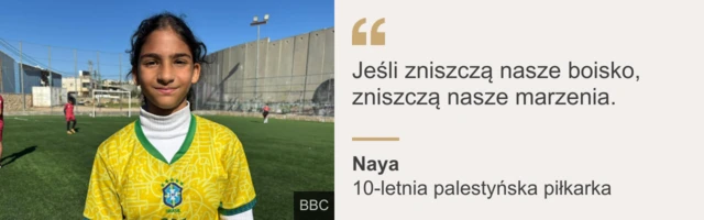 Zdjęcie Nayi, 10-letniej palestyńskiej piłkarki, na tle klubowego boiska. Dziewczynka ma czarne włosy związane z tyłu głowy, nosi koszulkę reprezentacji Brazylii i biały top pod spodem. Za nią widać fragment murawy i jedną z bramek, a dalej siatkę ogradzającą boisko. W głębi po prawej widoczny jest fragment izraelskiego muru granicznego. 