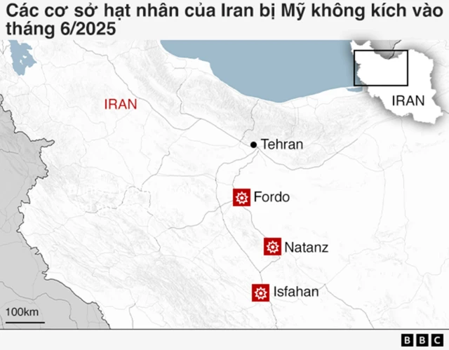 Đồ hoạ thể hiện 3 cơ sở hạt nhân của Iran bị tấn công vào tháng 6/2025