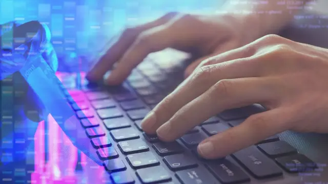 Ilustración que muestra un teclado y datos de genomas