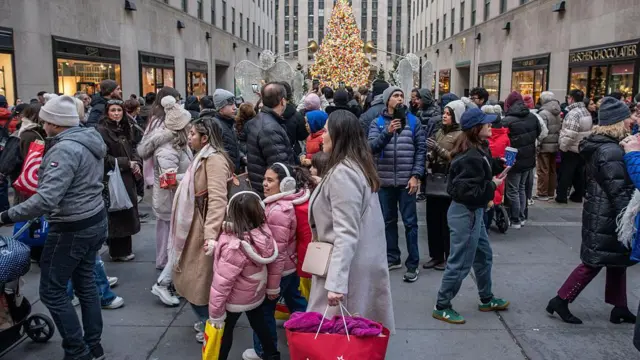 Покупатели несут сумки Lego и American Girl по Пятой авеню в Нью-Йорке, США, в воскресенье, 21 декабря 2025 года.