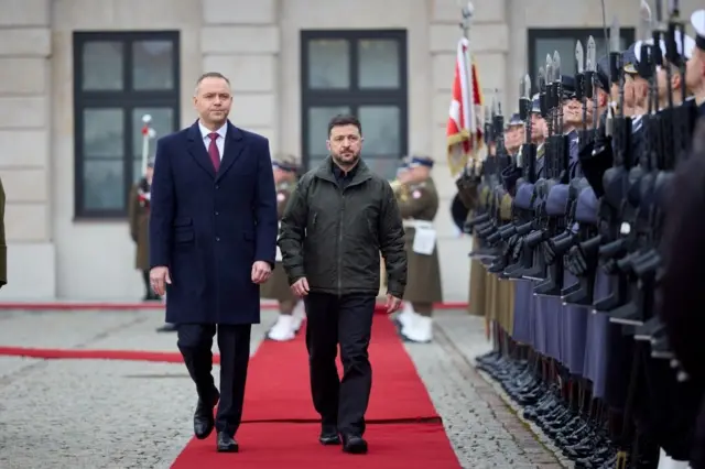На червоній доріжці Навроцький і Зеленський у верхньому одязі йдуть поруч між рядами почесної варти військових із гвинтівками. Дія відбувається на подвір’ї урядової будівлі, де позаду видно прапори та солдатів у строю.