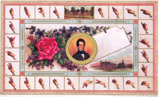 Ilustración del Colegio Nacional de Sordomudos de Estados Unidos de un alfabeto de señas en esta gran tarjeta litográfica emitida en Washington, DC, alrededor de 1875.