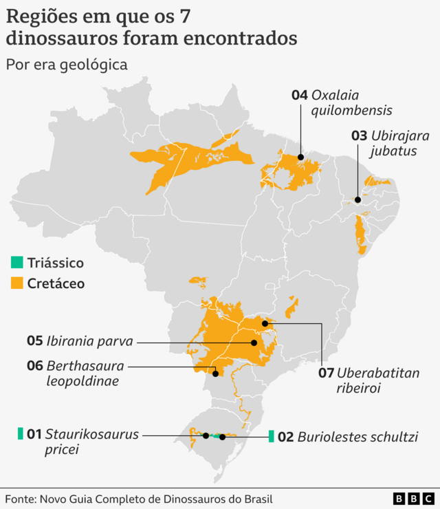 Mapa mostrando as regiões do Brasiljogos online gratis de buracoque os sete dinossauros foram encontrados