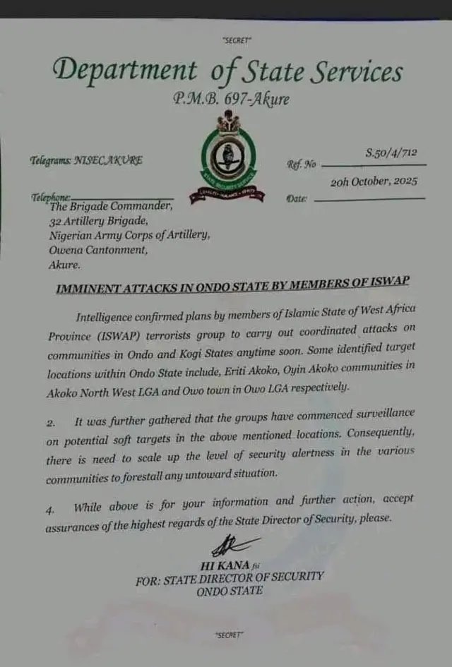 Lẹta DSS si ileeṣẹ ọmọ ogun ipinlẹ Ondo nipa ikọlu to n bọ