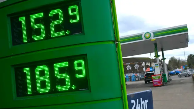 Petrol prices displayed on a digital sign outside a BP petrol station in Guildford.