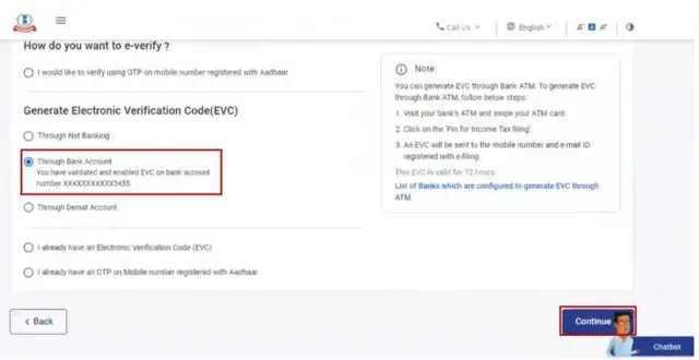 బ్యాంకు అకౌంట్ ద్వారా ఎలక్ట్రానిక్ వెరిఫికేషన్ కోడ్(EVC) జనరేట్ చేసుకుని ఈవెరిఫై చేసుకోవడం 