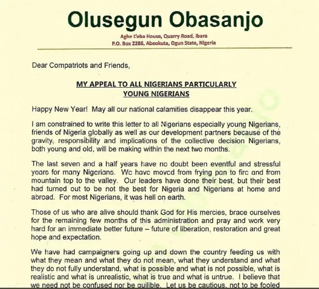 Akwụkwọ Obasanjo dere maka ịkwado Peter Obi