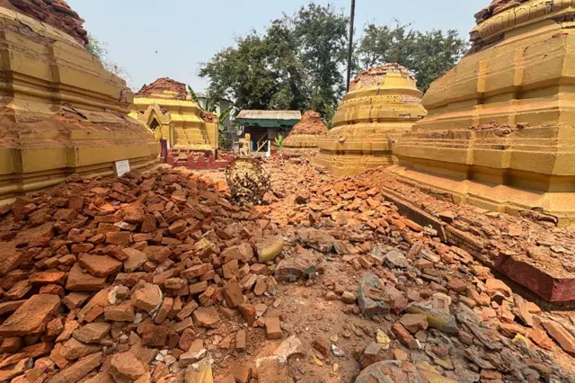 Damaged pagodas are seen after an earthquake, Friday, March 28, 2025 in Nay Pyi Taw, Myanmar.