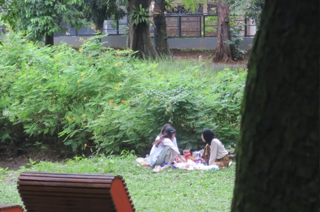 Tebet Eco Park dimanfaatkan pengunjung untuk piknik. Niken Prawestiti bersama teman-temannya dalam gerakan Ayo Ke Taman menilai banyak pekerja dan kelas menengah memerlukan ruang terbuka yang bisa diakses pada malam hari tanpa harus ke mal.