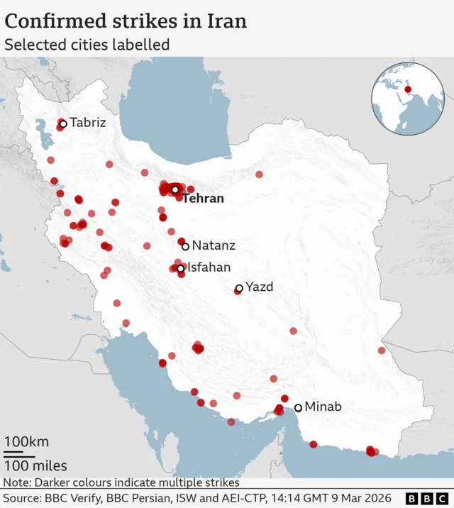 The image is a map of Iran with red dot symbols indicating locations which have had one or more US and Israeli strikes. In addition some key cities are labelled, these include: - Tabriz (north west Iran)
- Tehran (north central Iran, the capital)
- Isfahan (central Iran)
- Yazd (central Iran)
- Minab (south Iran) The map includes a small inset globe in the top-right corner highlighting Iran’s location in the Middle East. A BBC logo appears in the bottom-right corner. The borders of surrounding countries and coastlines are faintly outlined, but the focus is on the distribution of strike locations across Iran.
