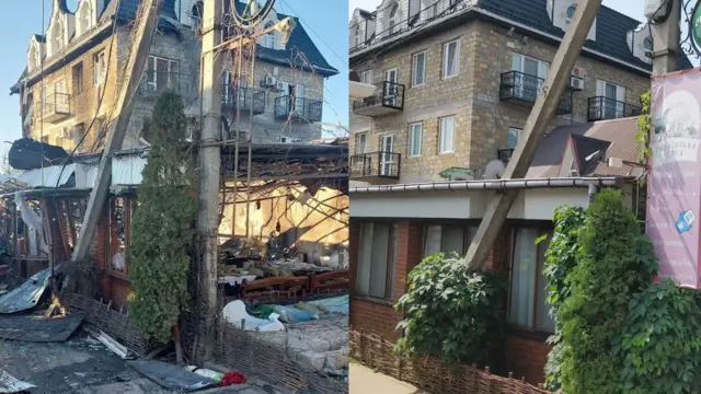 Ліворуч – наслідки удару по кафе у Хорлах (фото, поширене Сальдо), праворуч – заклад "Українська хата" у Хорлах (фото з GoogleMaps закладу)