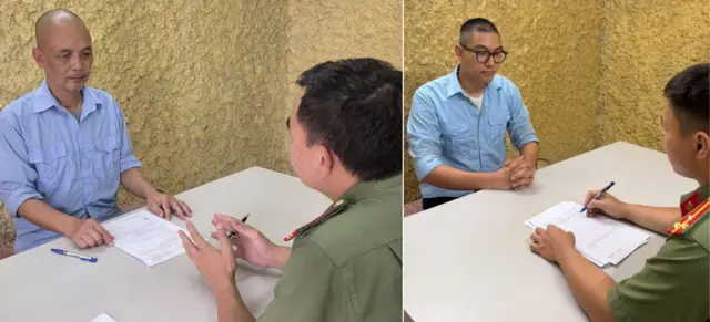 Tác giả Nguyễn Thành Nam (trái) và ông Trần Việt Anh khi làm việc với cán bộ công an