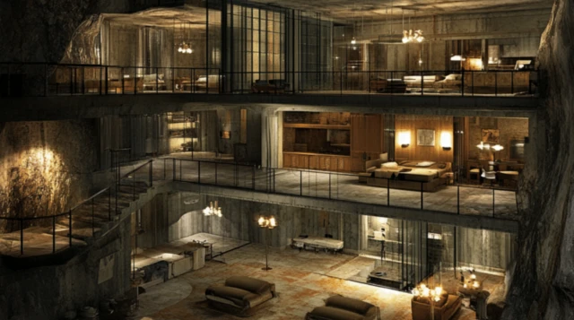 Imagem de quartos subterrâneos, com cama, sala, espaços de lazer. 