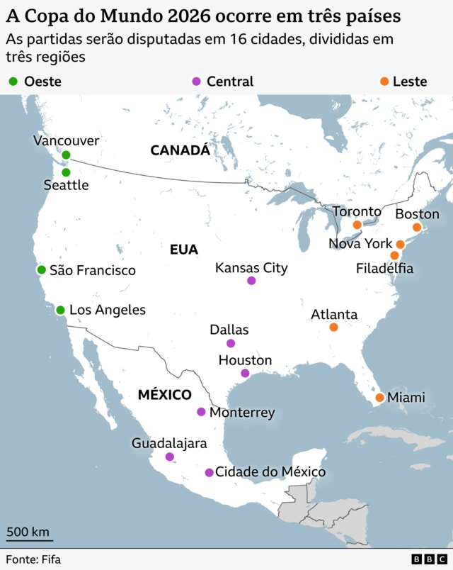 Mapa da América do Norte, mostrando as cidades-sede da Copa do Mundo de 2026