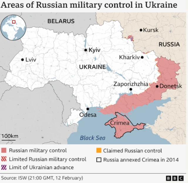 A map showing areas of Ukraine under Russian control