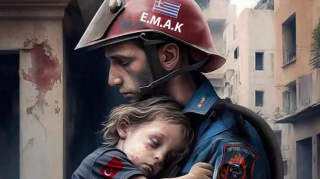 Yapay zekayla üretilen bir itfaiyecinin bir çocuğu tutarken gösteren resim.
