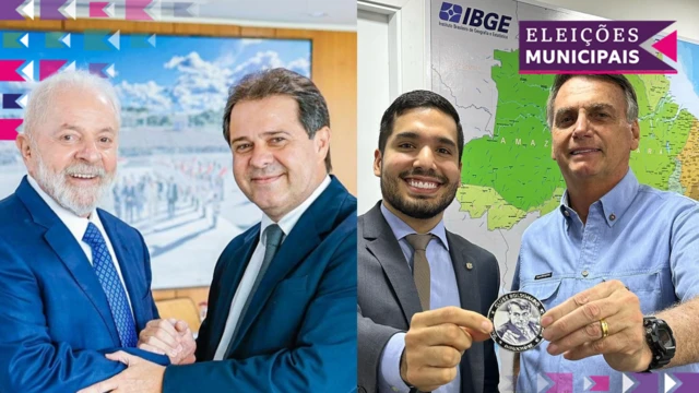 Montagem com fotosLula cumprimentando Evandro Leitão e André Fernandes ao ladoBolsonaro