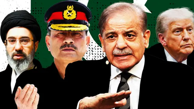 یک تصویر ترکیبی مجتبی خامنهای، رهبر جمهوری اسلامی ایران، فیلد مارشال عاصم منیر، فرمانده ارتش و شهباز شریف نخستوزیر پاکستان و دونالد ترامپ، رئیسجمهور آمریکا را نشان میدهد که بر روی پرچم ملی پاکستان قرار گرفتهاند