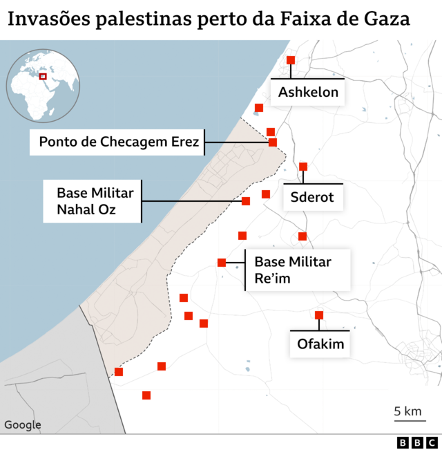 Os pontos vermelhos do mapa indicam alguns dos lugares em que foram registradas incursões de combatentes do Hamas em território israelense
