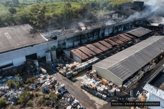 ความเสียหายจากไฟไหม้ของบริษัท วินโพรเสส บริษัทกำจัดกากสารเคมี ที่ จ.ระยอง