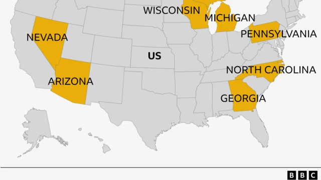 Aworan ilẹ America pẹlu Arizona, Georgia, Michigan, Nevada, North Carolina, Pennsylvania ati Wisconsin.